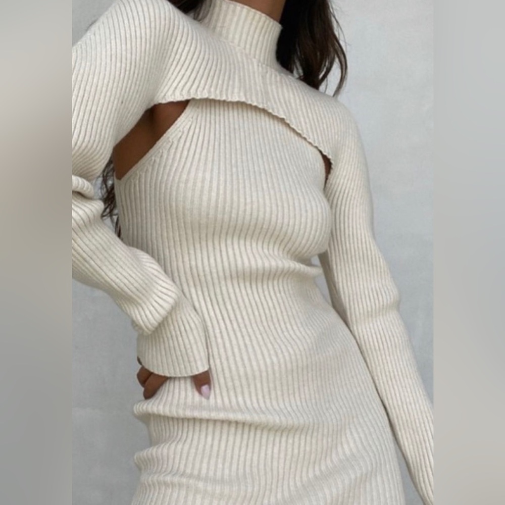 NWOT Beige Mock Neck Sweater Dress with Arm Warmers